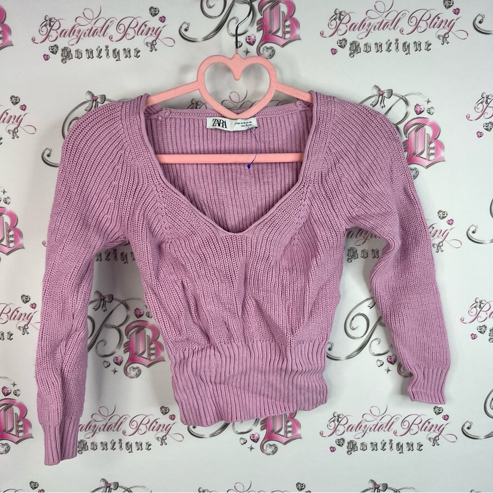 Zara sweater Vneck ribbed knitted purple pink Lilac Knit Sweater long sleeves - Picture 6 of 8